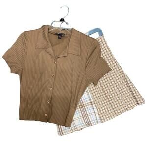 Plaid Skirt and Solid Top Bundle Neutral Colors Size Junior  M-L